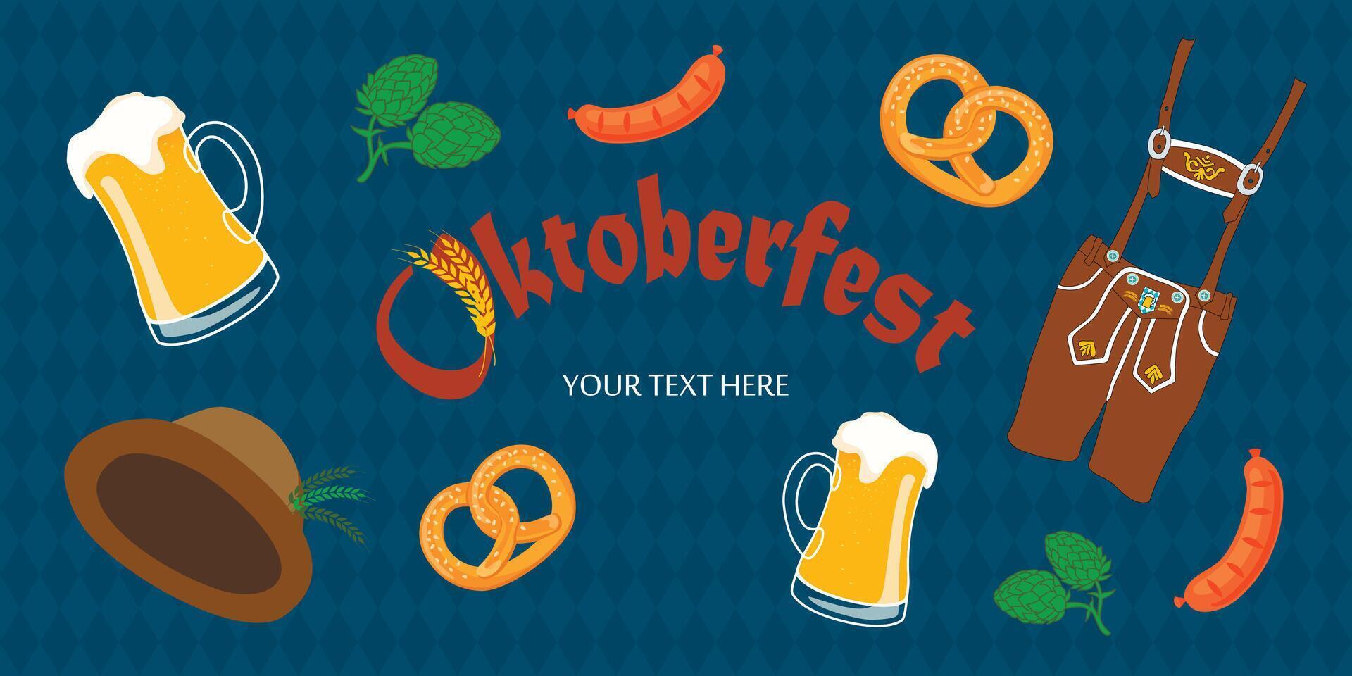 vector bandera de Oktoberfest con pretzels, cerveza tazas etc