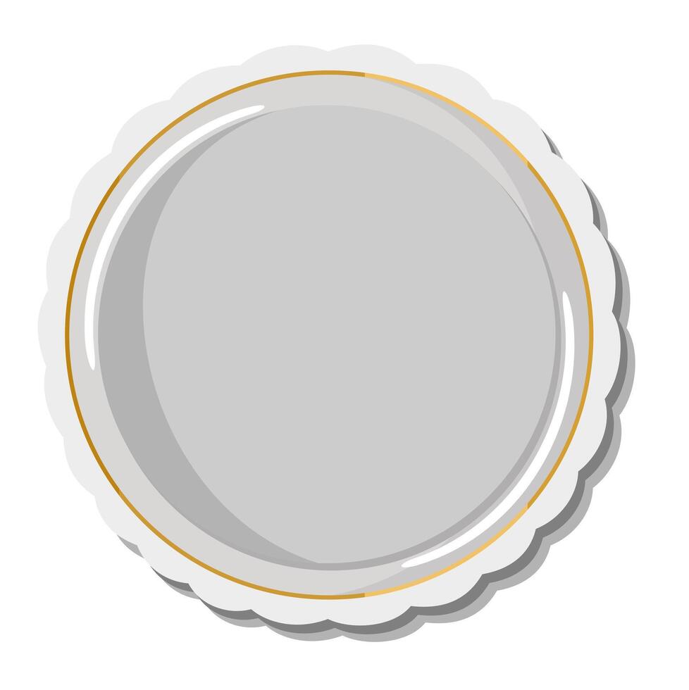 Empty white porcelain plate with golden border. Vector isolated illustration