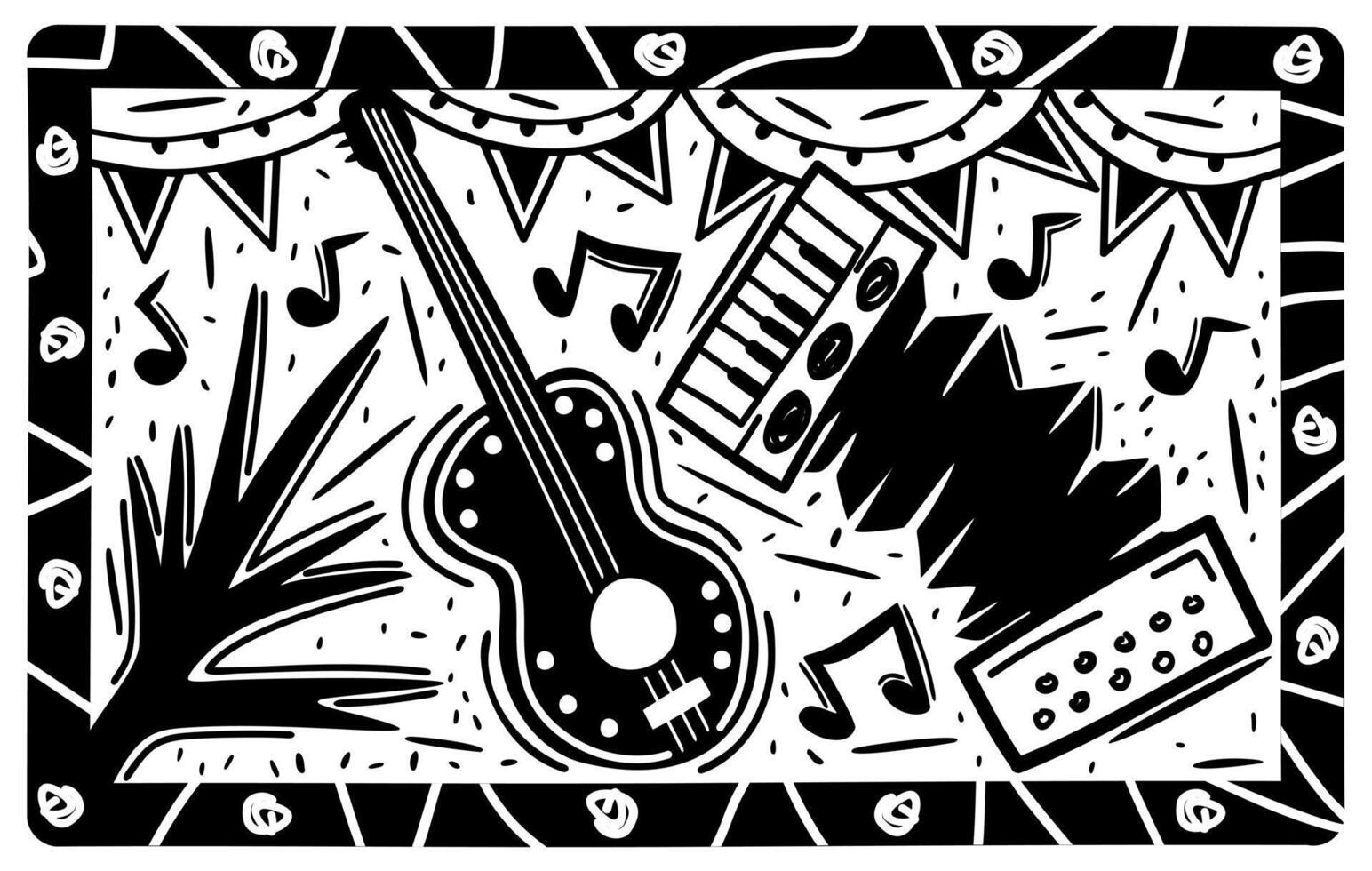 Brazilian cordel style woodcut illustration. Party concept. Musical instruments, flags and notes vector