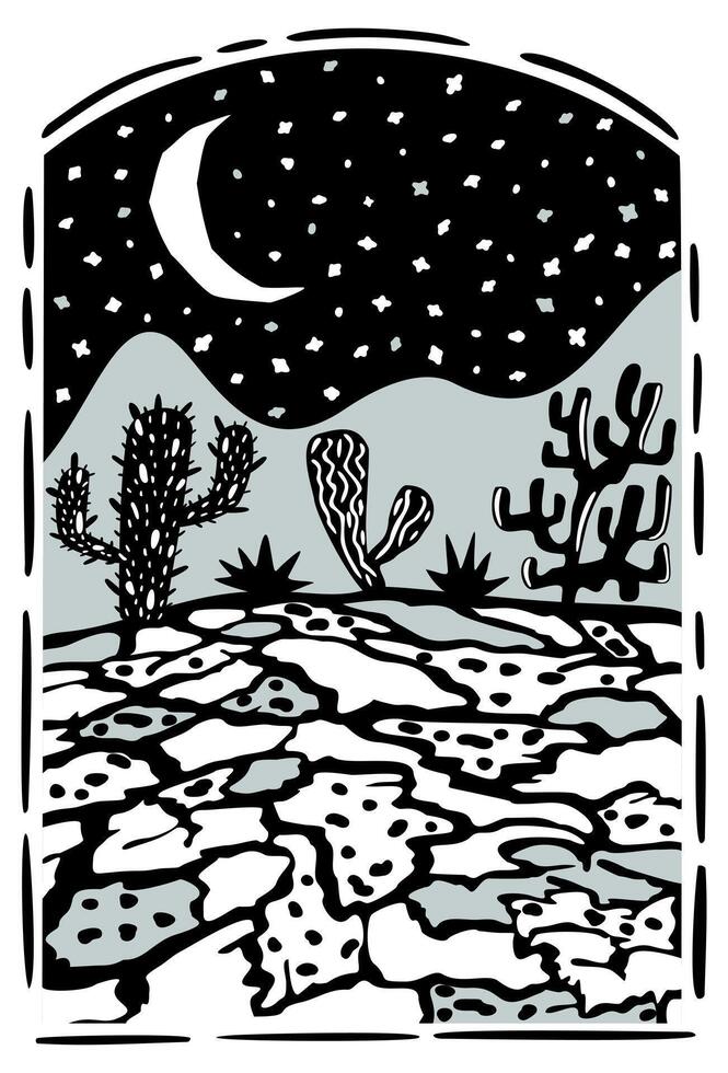 brasileño cordel estilo. noche Desierto paisaje con cactus xilografía ilustración vector