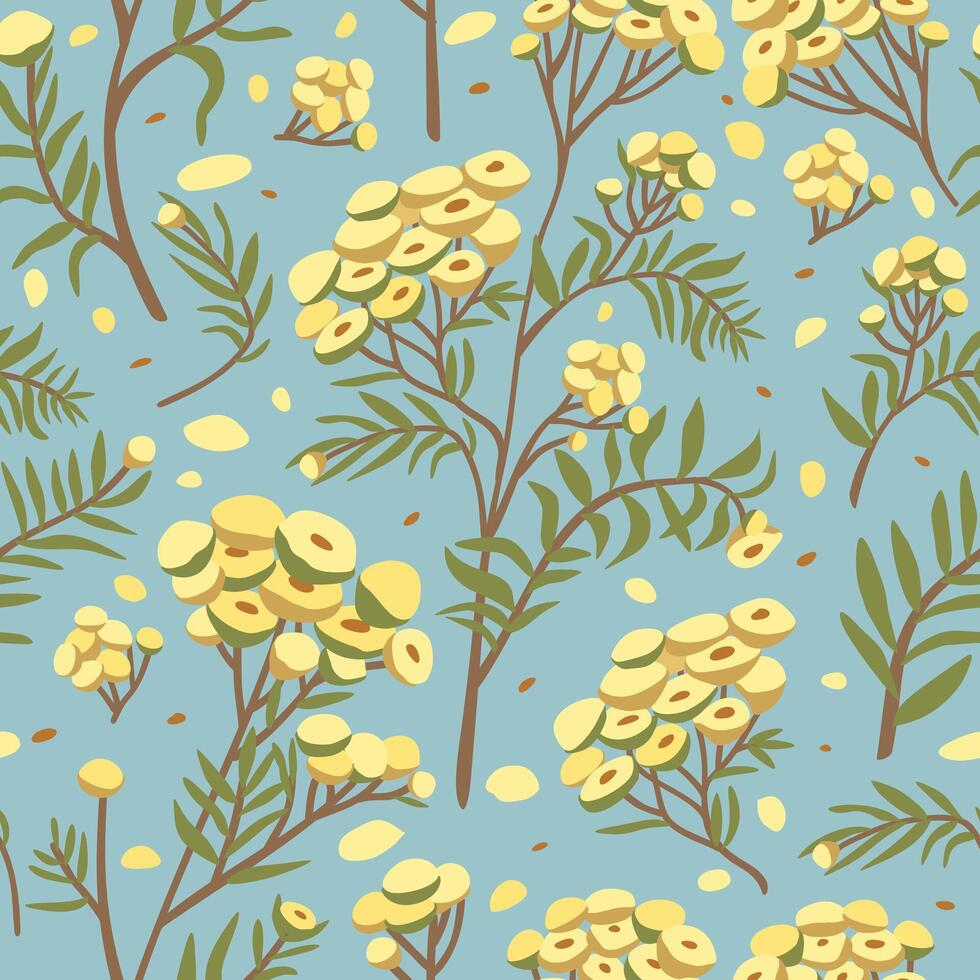 vector sin costura floral modelo con amarillo tansy flores en azul antecedentes