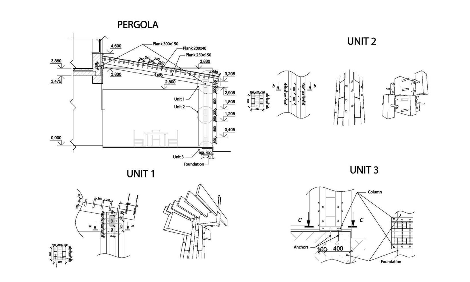 Set of units, detailed architectural technical drawing of pergola, vector blueprint
