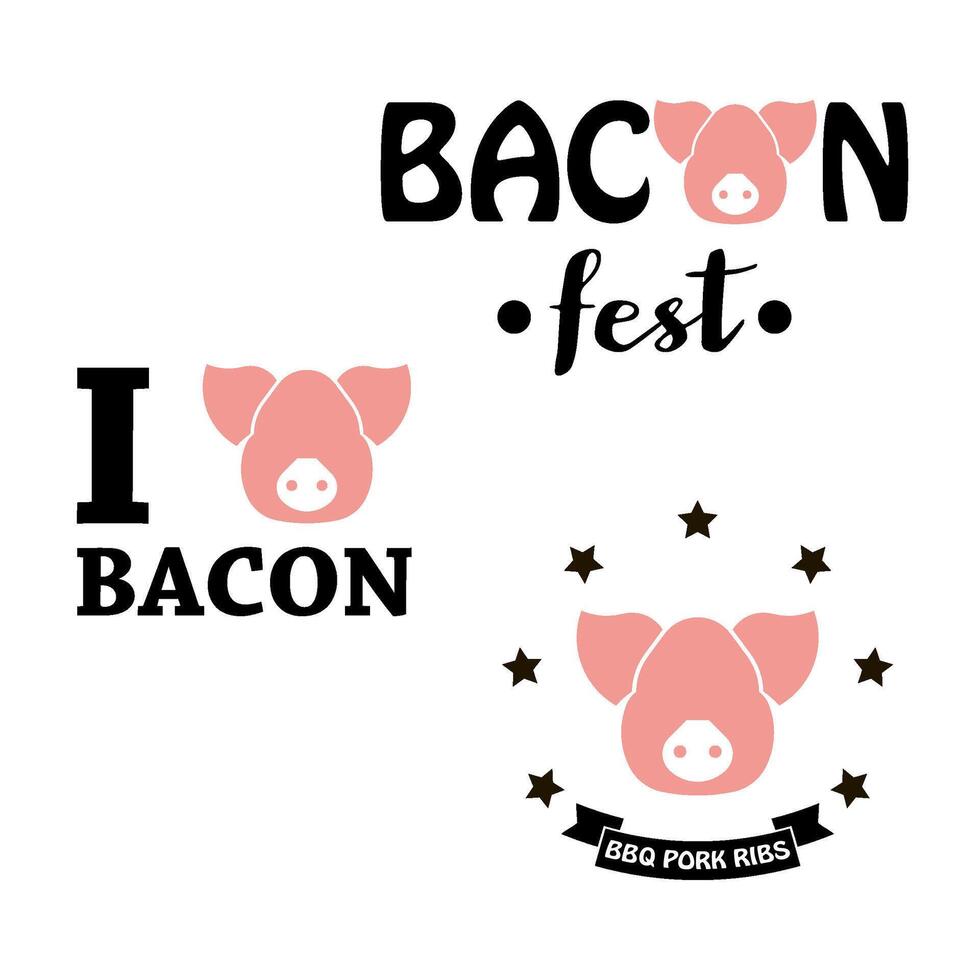 I love bacon, bacon fest, BBQ pork ribs, premium pork meat logos or labels set with pink pig head. Vector illustration design