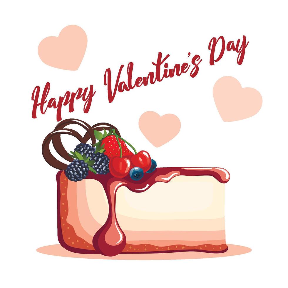 Piece of fruit cheesecake, happy valentines day vector greeting card