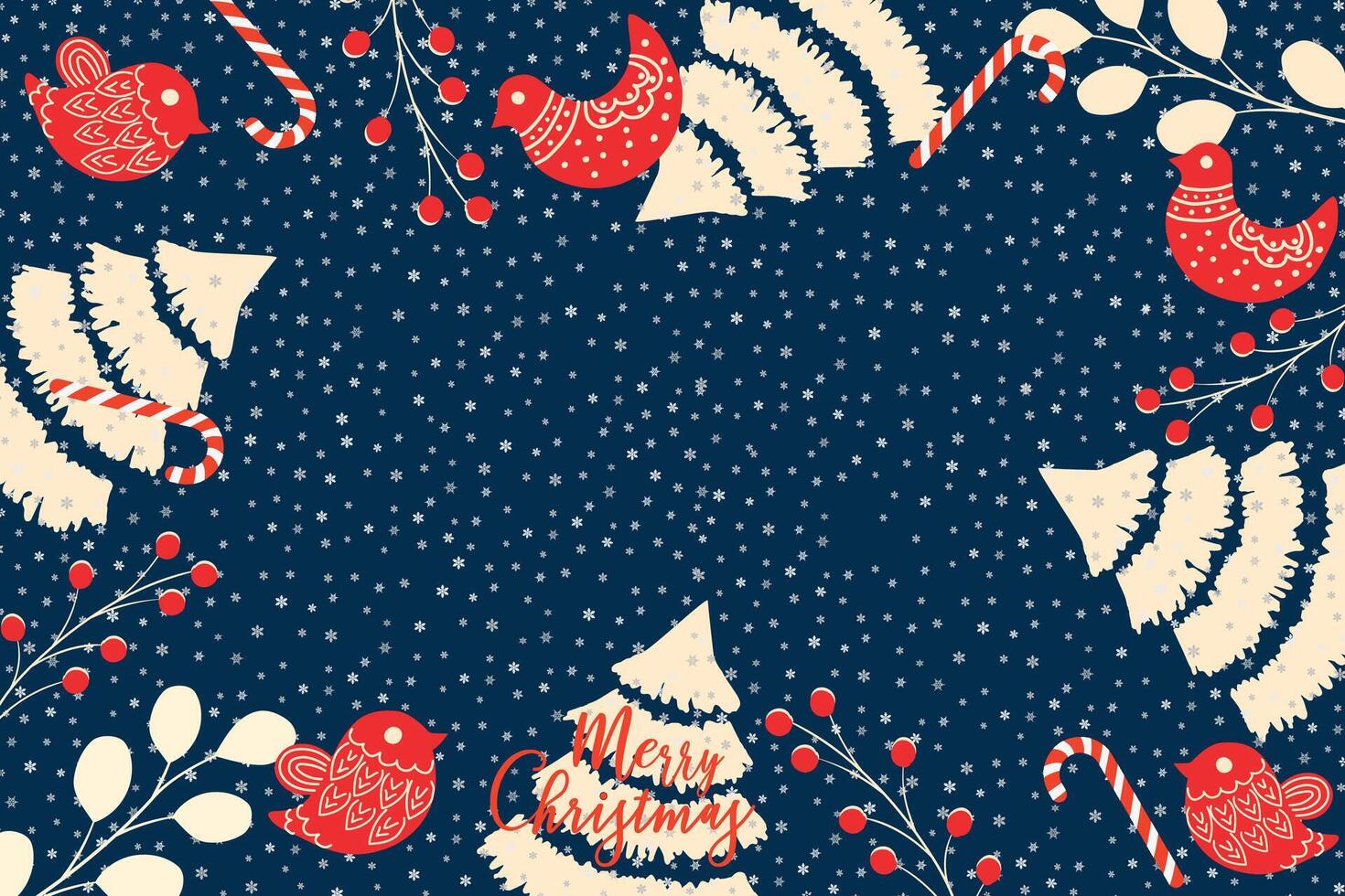 Hand drawn merry christmas happy holiday vector background with a christmas tree, ethnic birds and candy canes