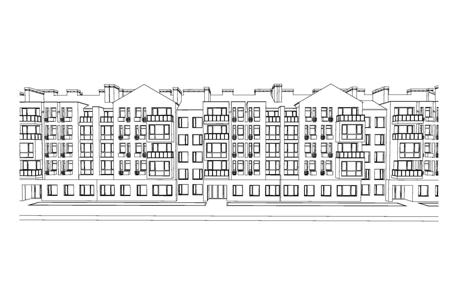 de varios pisos edificio fachada, detallado arquitectónico técnico dibujo, vector Plano