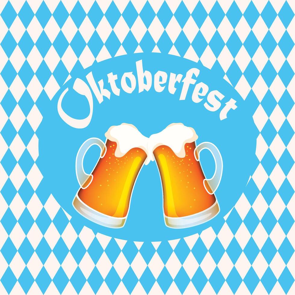 Vector illustration of oktoberfest poster banner with two full beer mugs, blue diamond symbols and lettering