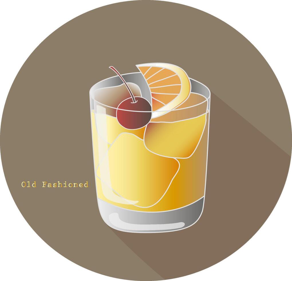 Hand drawn vector illustration of The Old Fashioned alcohol whiskey or brandy cocktail with a citrus orange slice and a cocktail cherry decoration, in a brown circle with a shadow and text. Bar menu