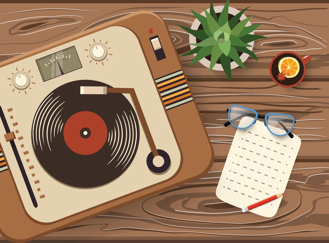 Still life with old vintage vinyl turntable, vector illustration, top view