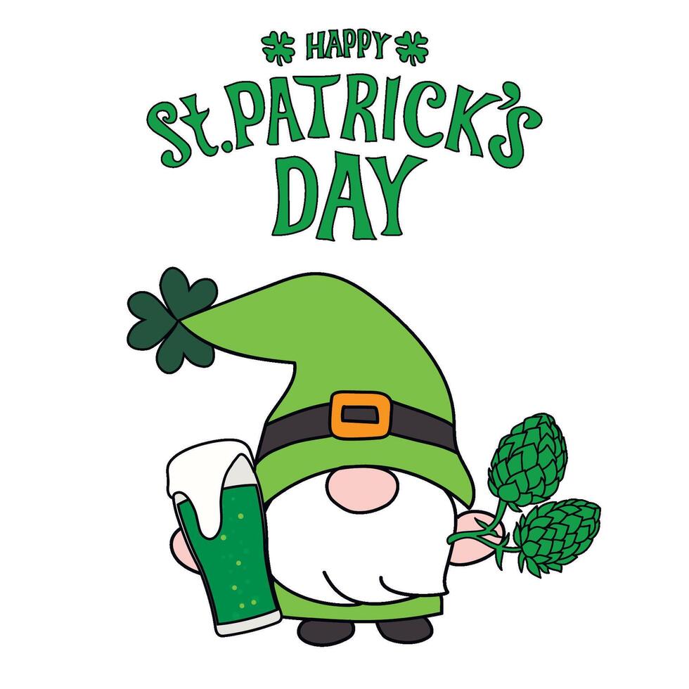 Hand drawn vector gnome with green beer and hop plant with st patrick's day greeting