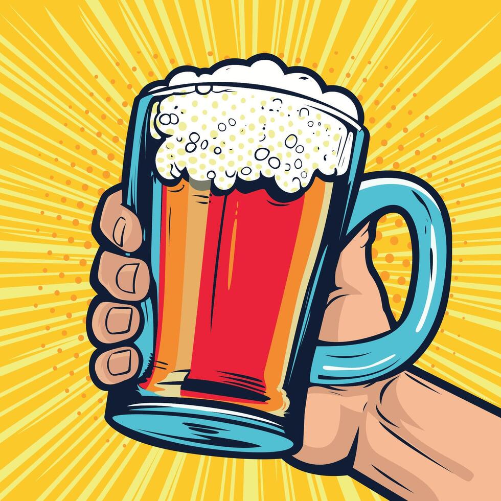 espumoso vaso jarra de cerveza en mano. rápido comida vector ilustración en popular Arte retro cómic estilo