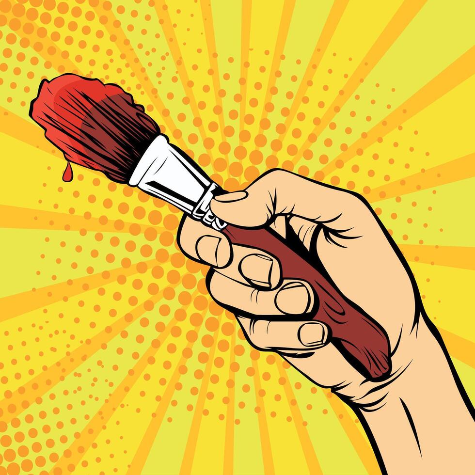 Hand with a painter brush. Drawing art vector illustration in pop art retro comic style