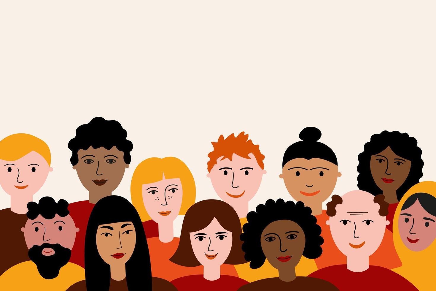 Multicultural different race people background for text hand drawn flat vector illustration other nationalities and cultures characters, skin. Social network friendship community, we are all different