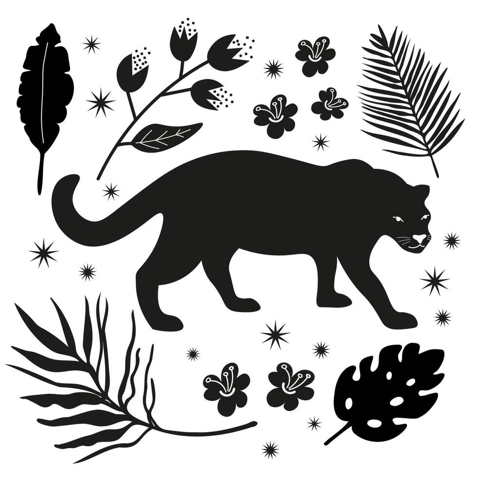 Panther and exotic plants decorative set doodle hand drawn flat vector illustration isolated background Tropical motif. Card design with silhouette wild predatory cat animal with savannah flowers leaf