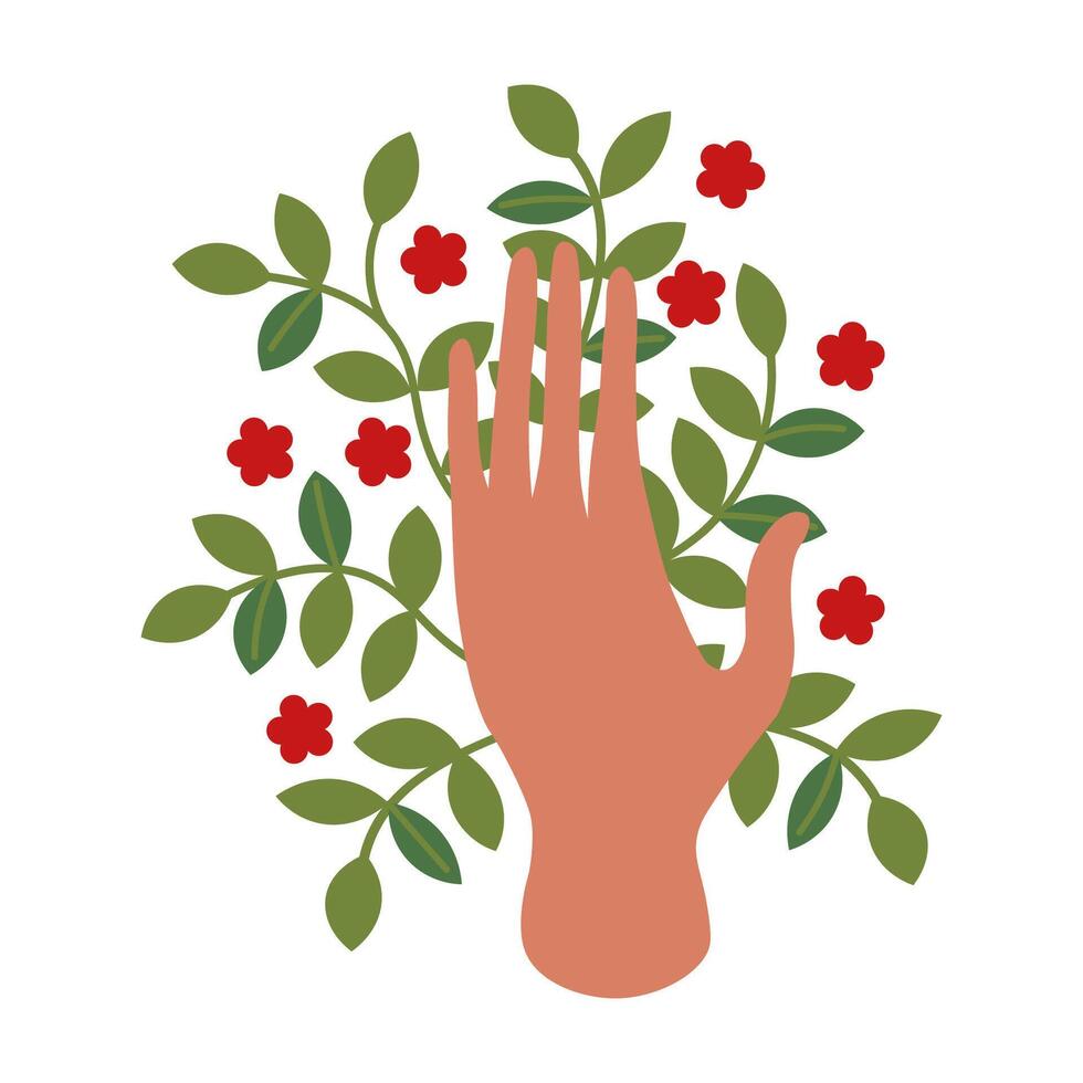 Hand and plants hand drawn flat vector illustration isolated background. Hand palm hand close nature from pollution, save the planet, save energy, concept for Earth Day. Design element for card, print