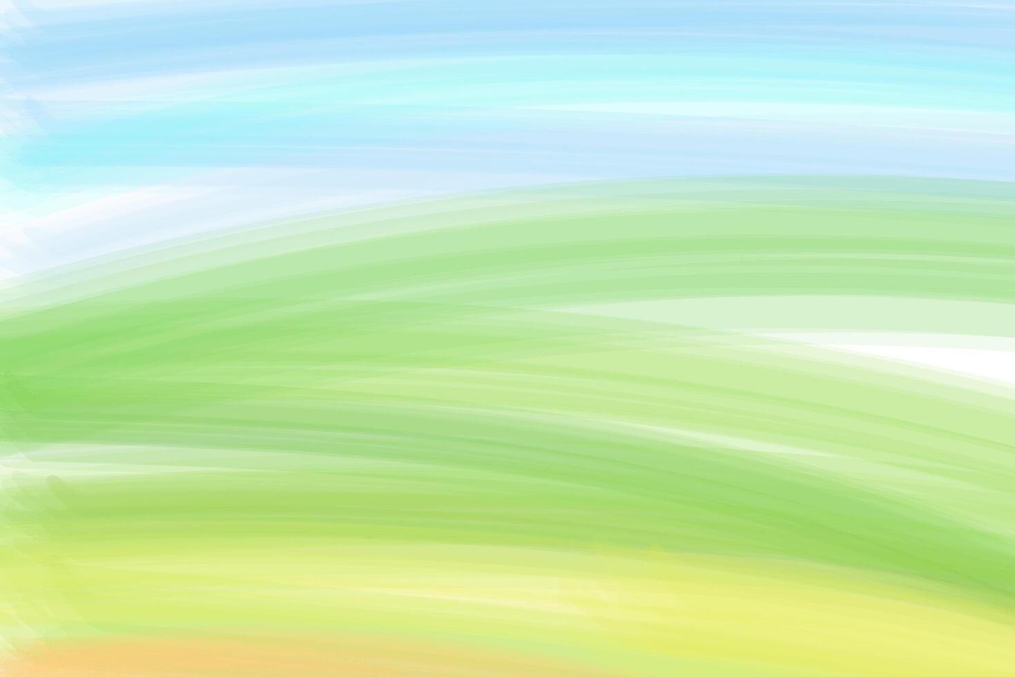 Landscape with green grass field and blue sky hand drawn watercolor texture abstract background vector horizontal illustration. Minimalist card border painted view hills stains, cloudless weather