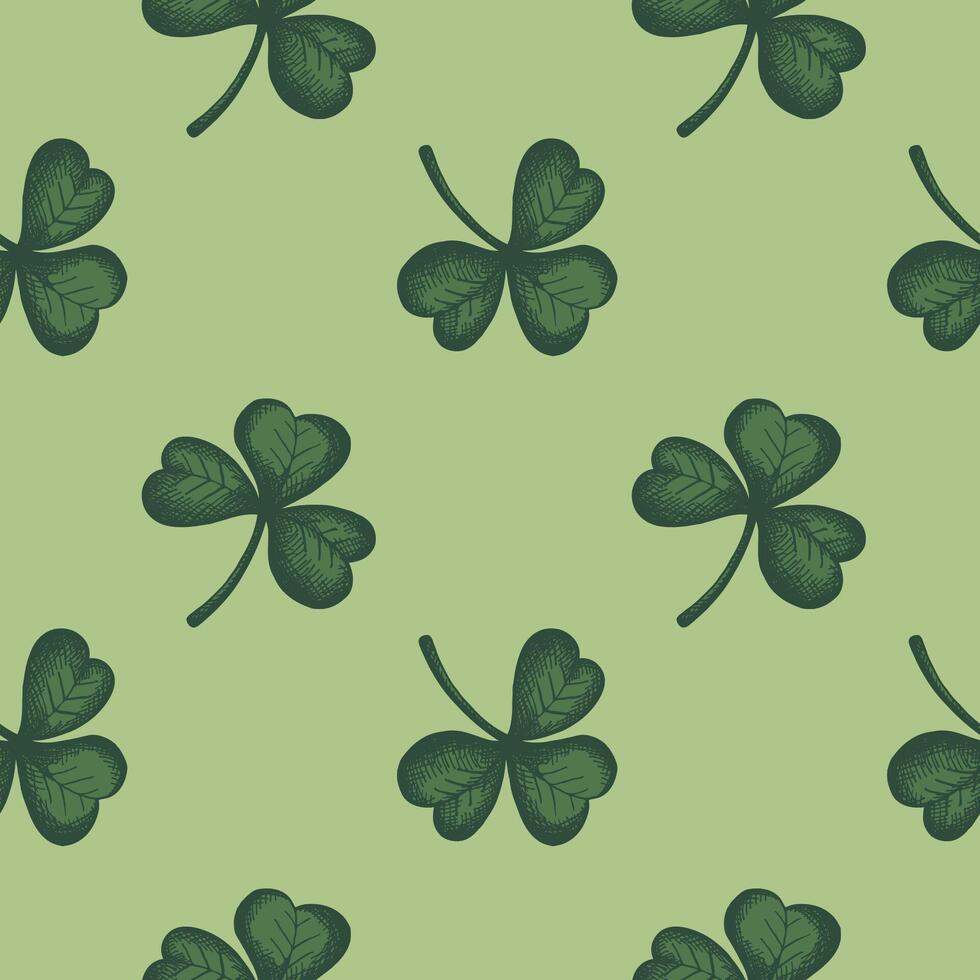 Clovers Saint Patrick's day seamless pattern engraved shamrock sketch repeating background hand drawn vector illustration design for St. Patrick's Irish festival for flyer card paper textile wrapping