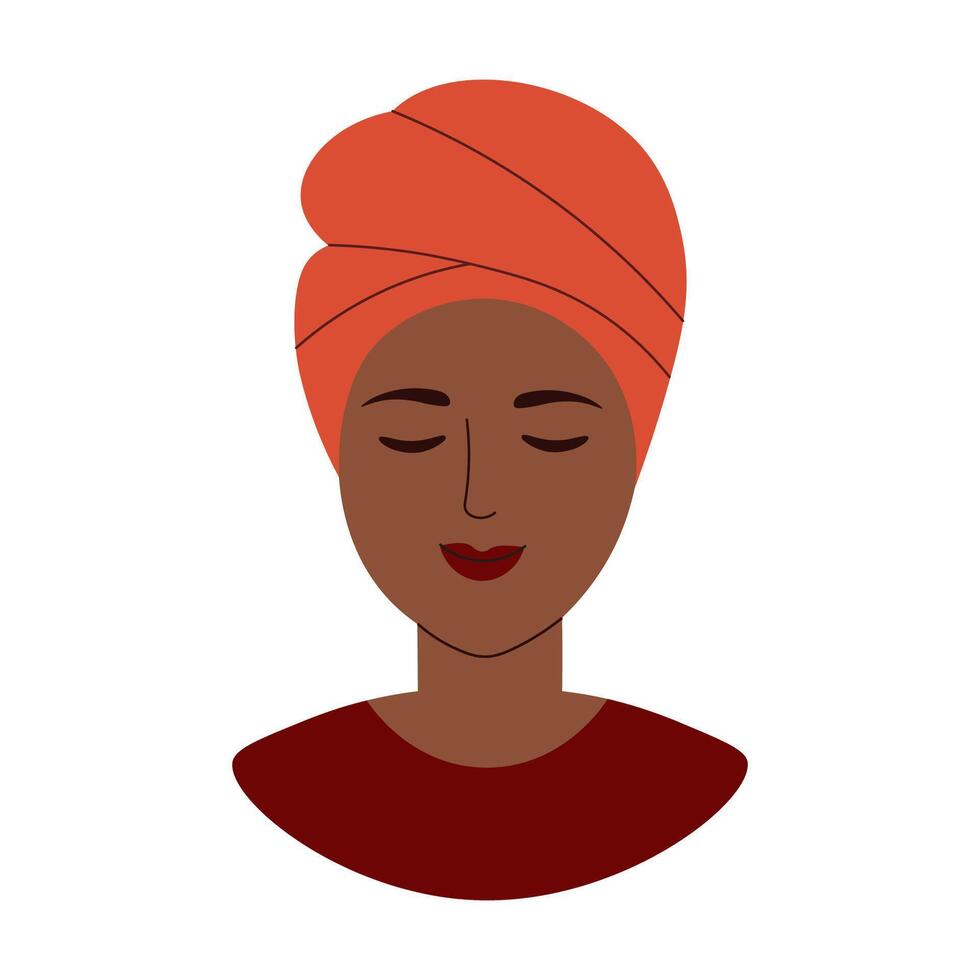 afro americano hermosa niña retrato vistiendo turbante tocado mano dibujado plano vector ilustración, aislado antecedentes siluetas de étnico sur africano personaje, diseño elemento para tarjeta, impresión