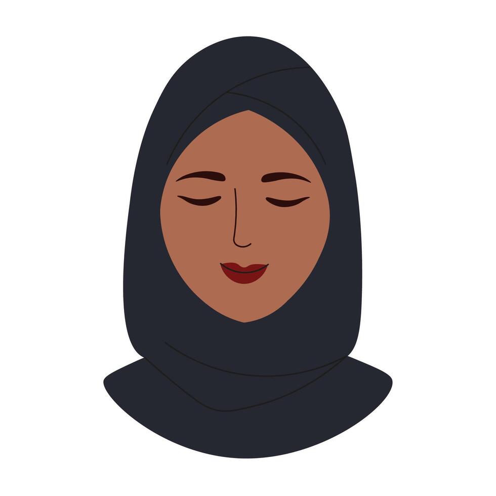 Muslim woman in hijab hand drawn flat vector illustration. Portrait of young arab girl in traditional dress on isolated background. Eastern character in black clothes cartoon style. People and culture