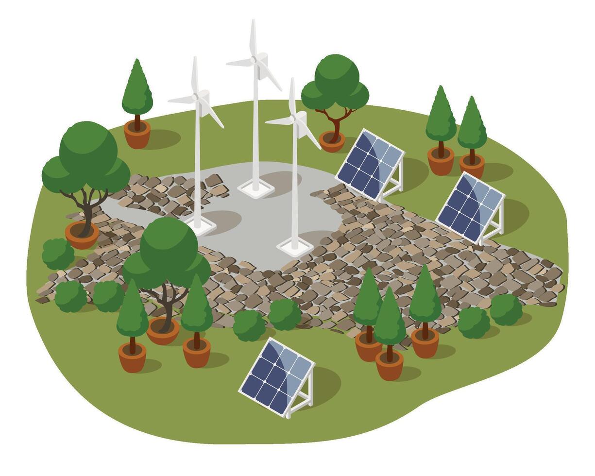 Wind energy eco concept, solar cell and wind turbine vector isometric illustration