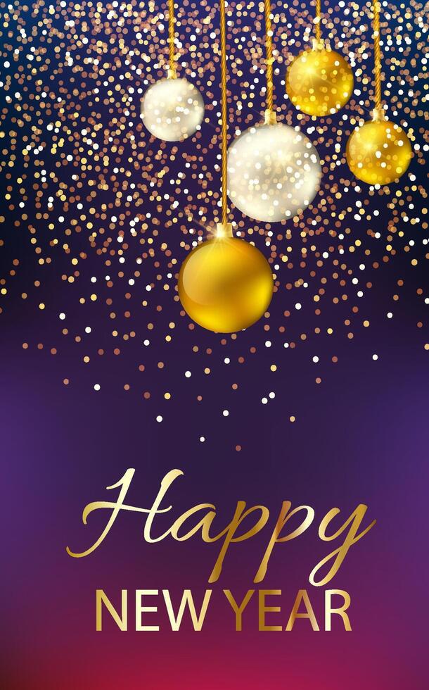 Happy New Year shining background with pearl and golden lettering, baubles and glitters. vector