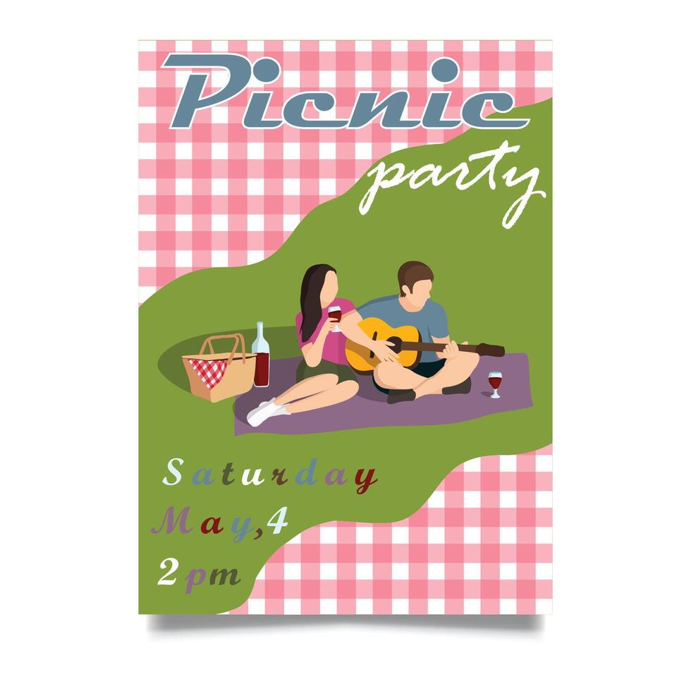 Picnic party invitation vector illustration. Isometric, retro style
