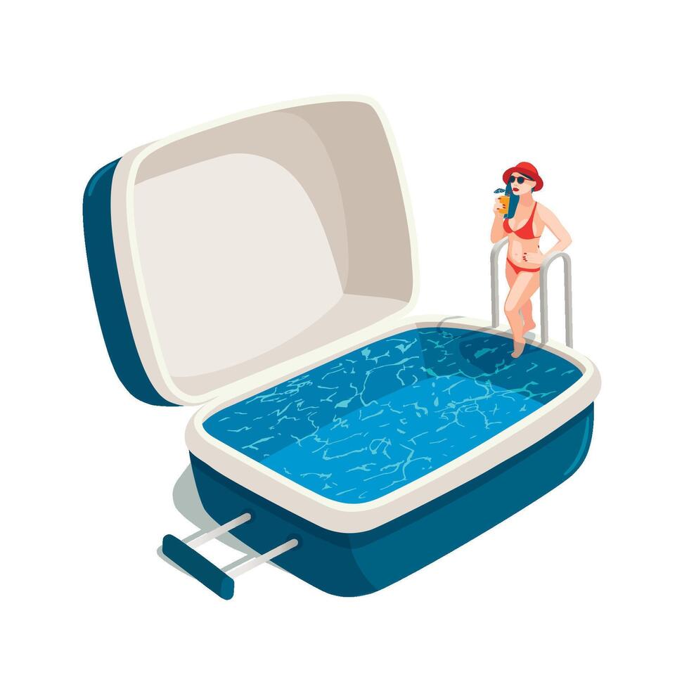 Vector illustration of young woman with a cocktail, stepping into the swimming pool in the open suitcase. Travel concept