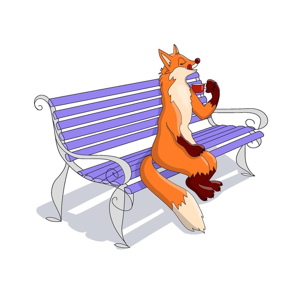 Hand drawn cartoon fox sitting on a bench in the park and drinking coffee. Vector illustration