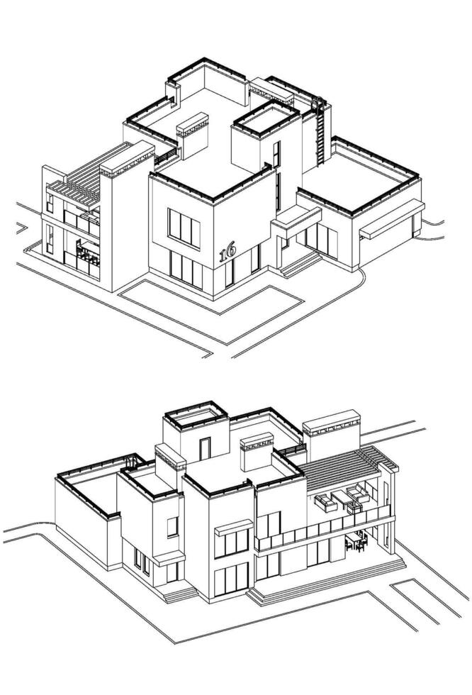 Vector set of private house facades, detailed architectural technical drawing, isometric, aerial view