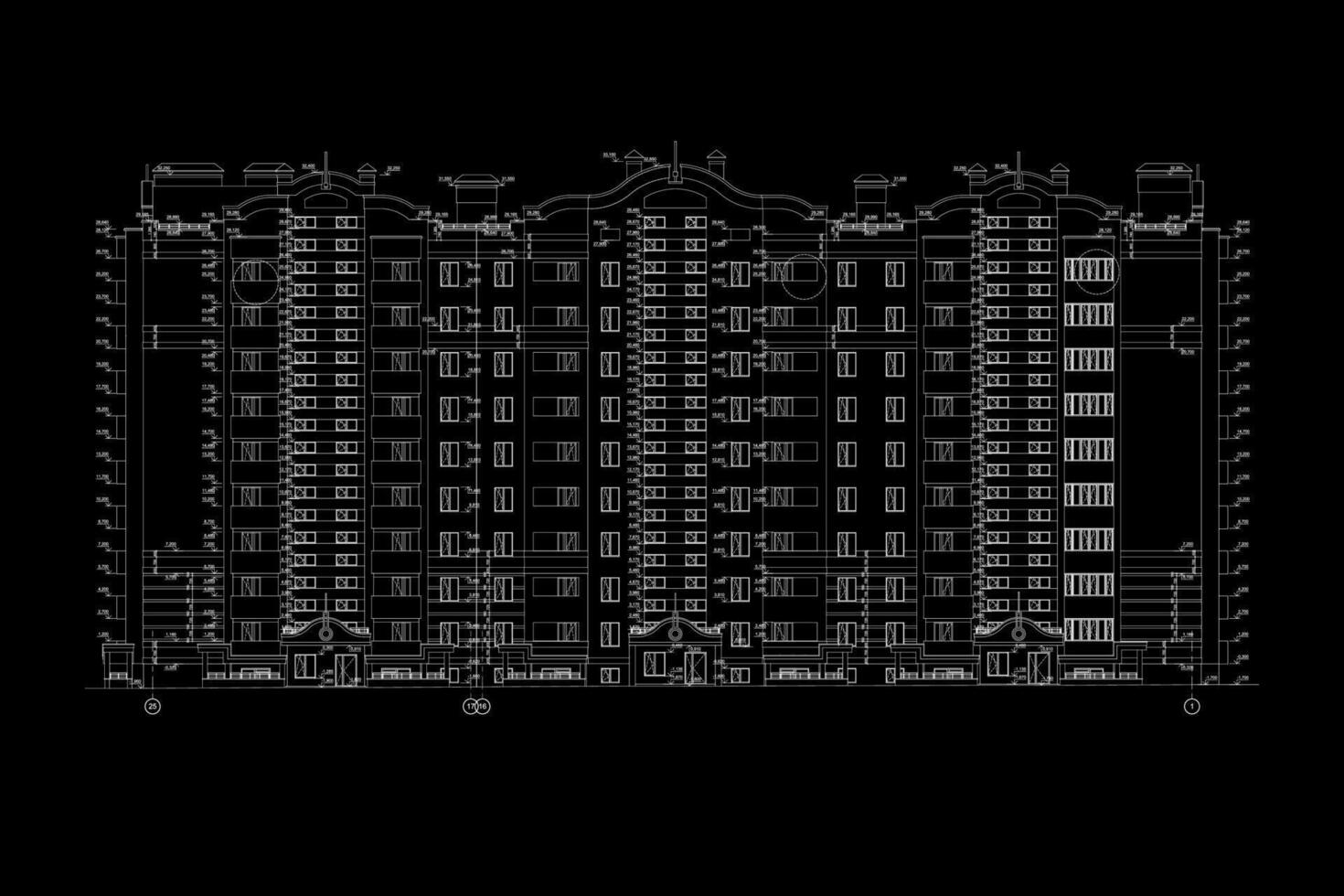 de varios pisos edificio fachada, vector arquitectónico técnico Plano