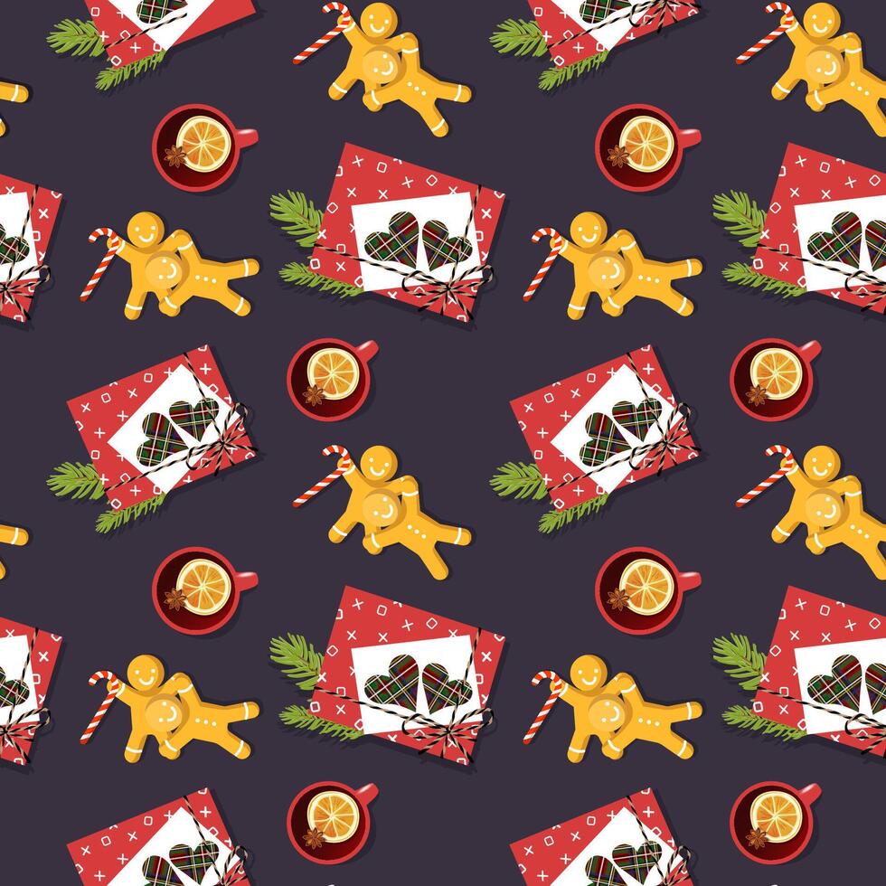 Hand drawn Christmas vector seamless pattern with Christmas presents, citrus tea, candy canes and gingerbread men