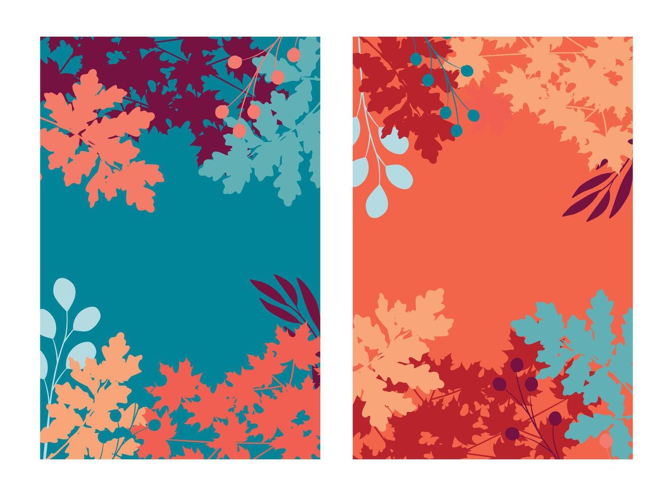 Vector set of vibrant hand drawn autumn tree leaves backgrounds with negative space - banners, posters, cover design templates