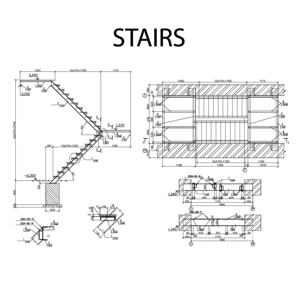 detallado arquitectónico plan de escaleras, construcción industria vector