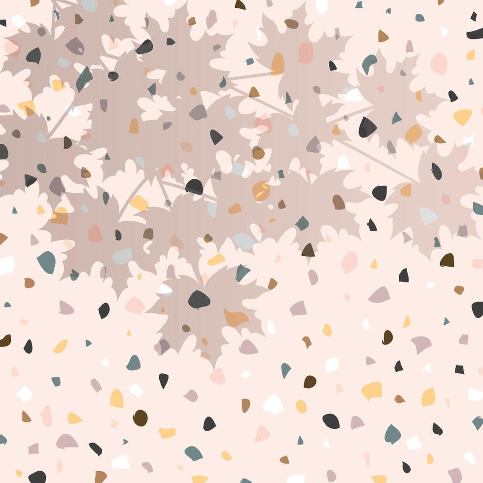 Venetian style terrazzo tile flooring plus a gray shadow layer of natural maple leaves tree branch. Vector background