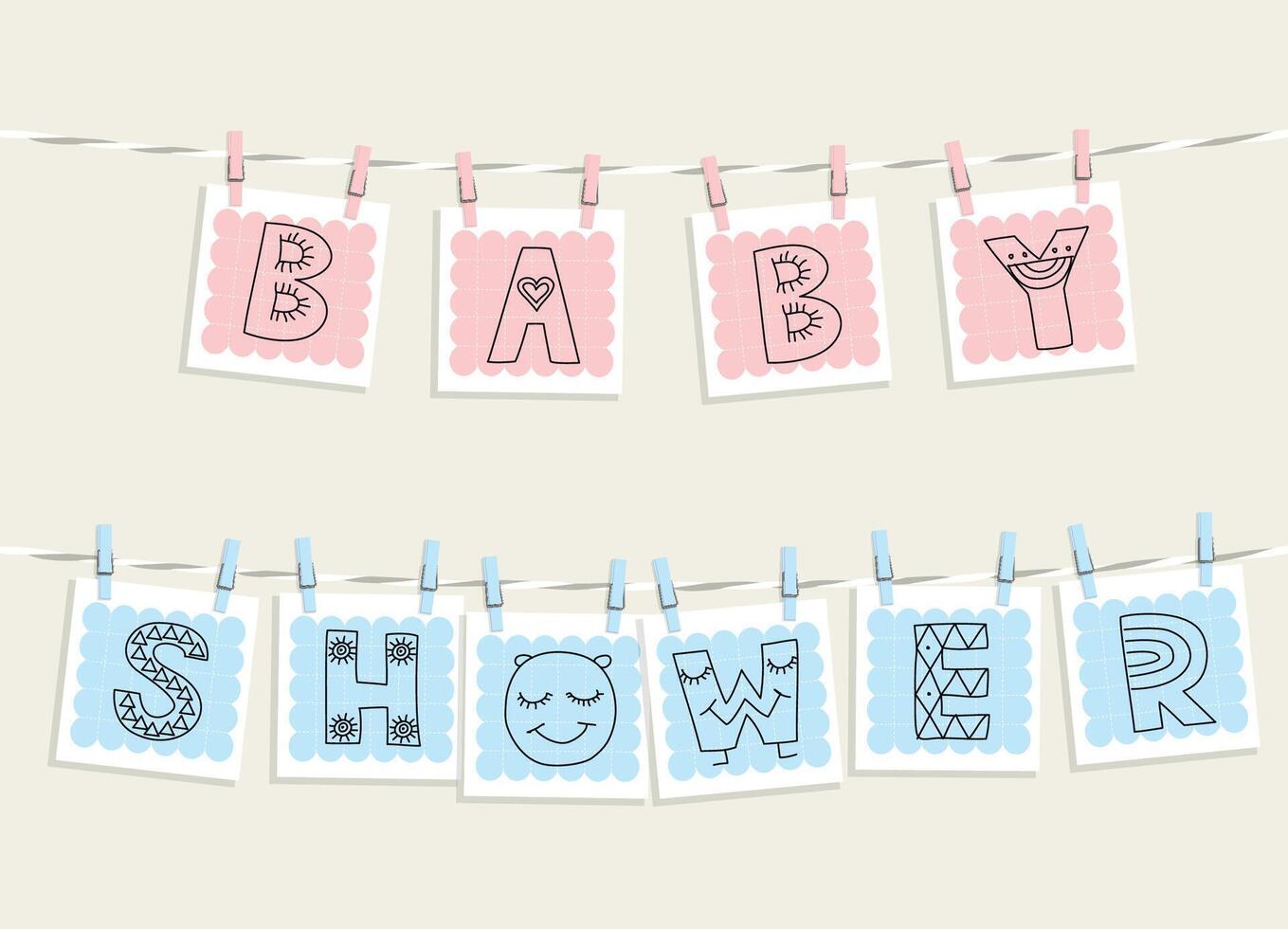 Cute cartoon baby shower cards hanging on a rope with clothes pins. vector