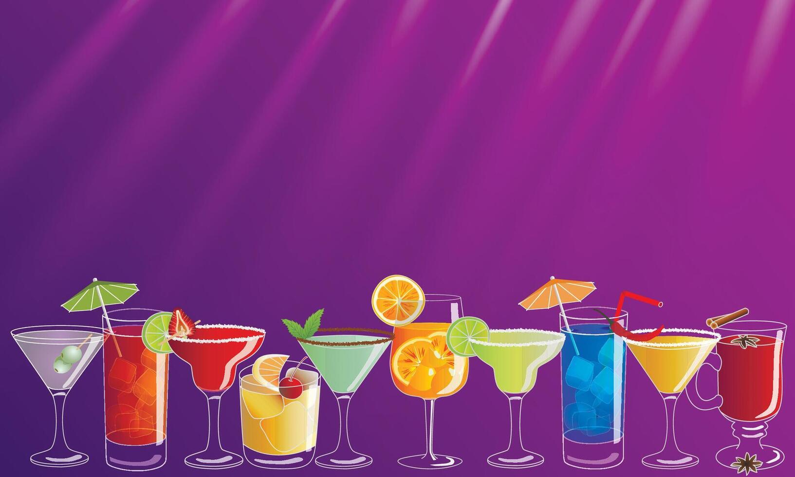 Cocktail party vector invitation poster or banner with colorful hand drawn drinks