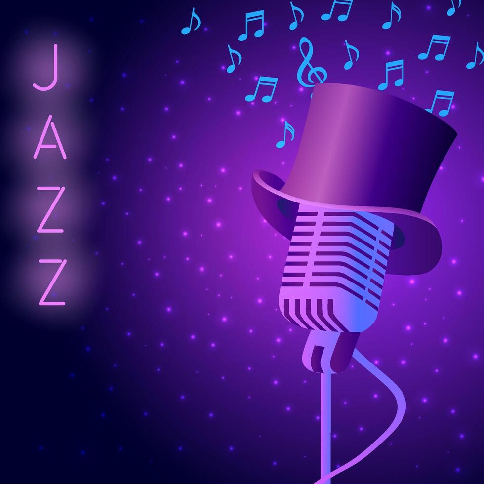 Jazz night party vector glowing poster with cylinder hat, retro mic and negative space