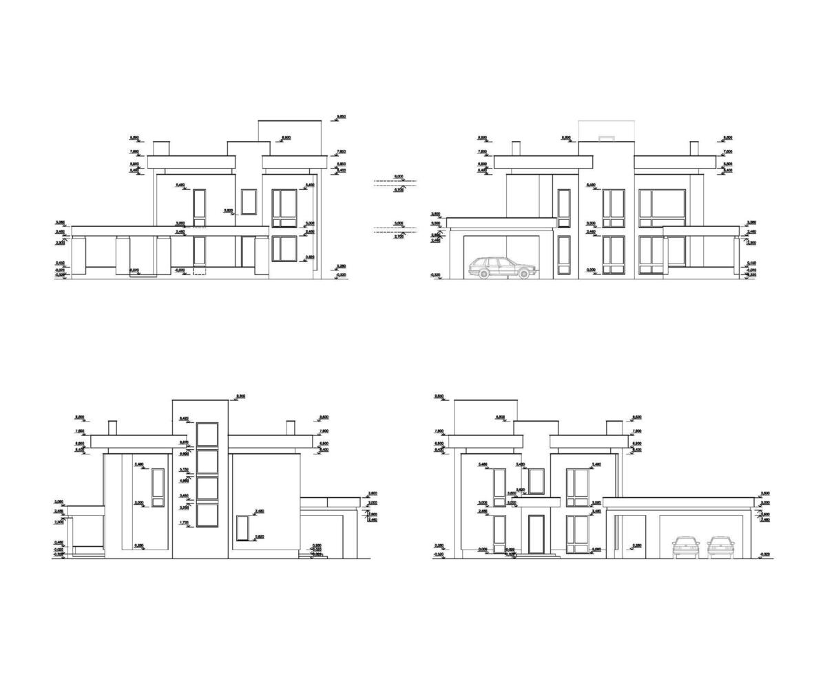 Set of private house facades, detailed architectural technical drawing, vector blueprint