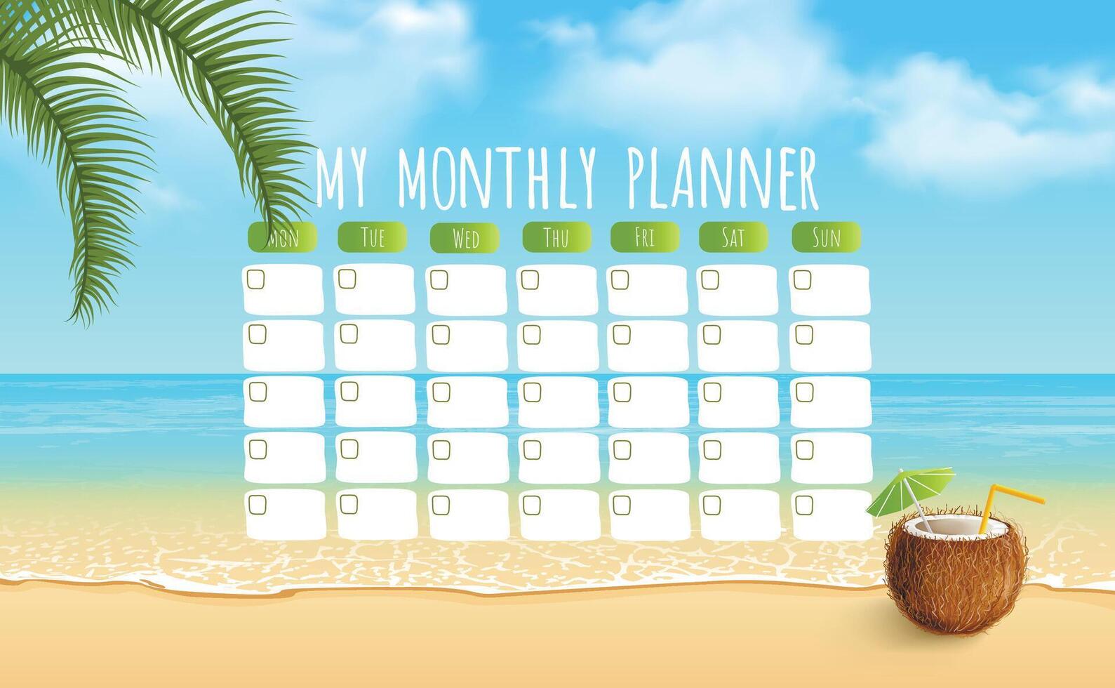 Marine life monthly planner with a palm tree and a coconut.  Vector stationary template