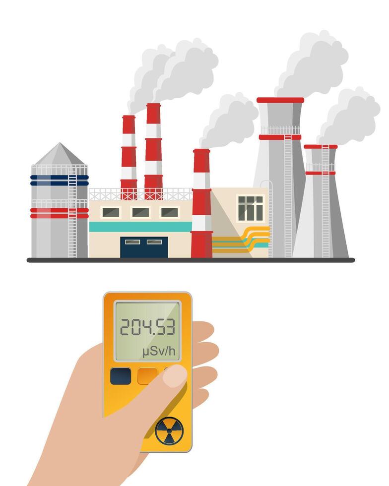 Flat vector of nuclear plant and hand holding radiation dosimeter