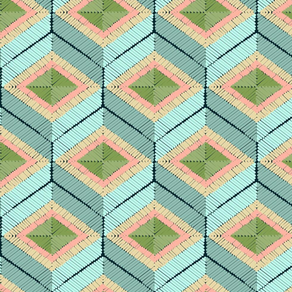 Seamless geometrical hexagonal vector pattern, satin stitch embroidery