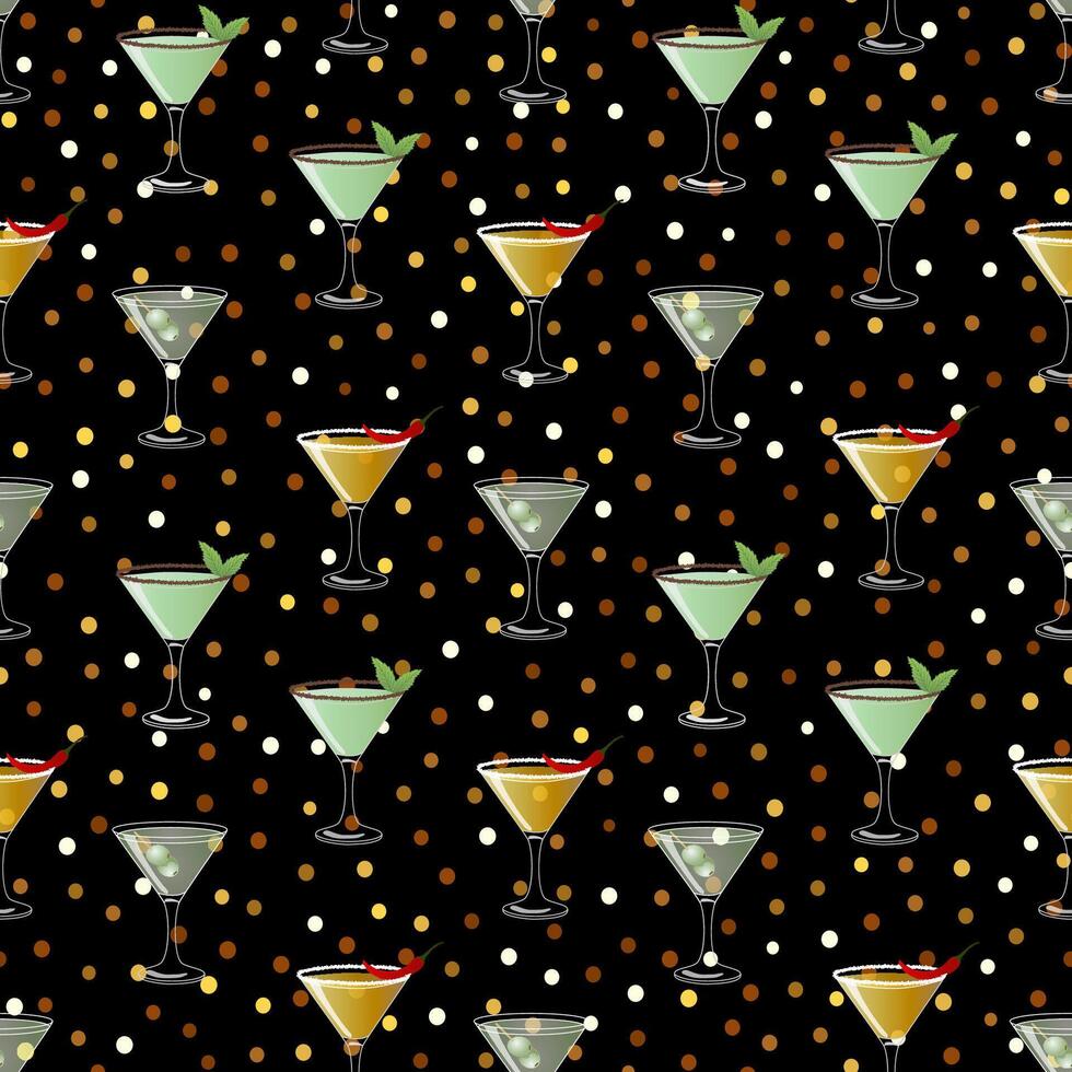 Seamless vector holiday pattern with different cocktails and confetti