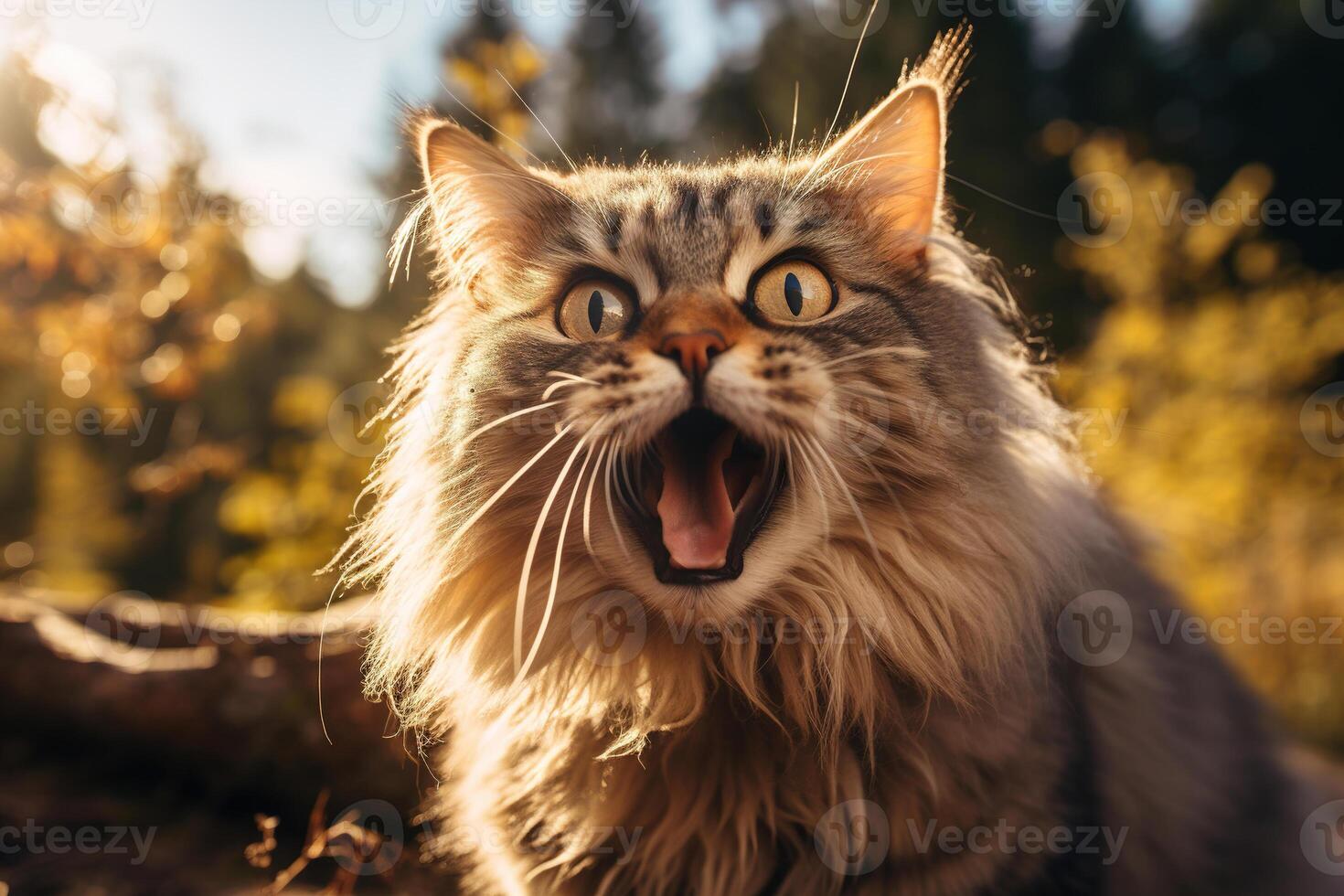 AI generated Shocked cat, fluffy funny pet with open mouth and big eyes outdoors photo