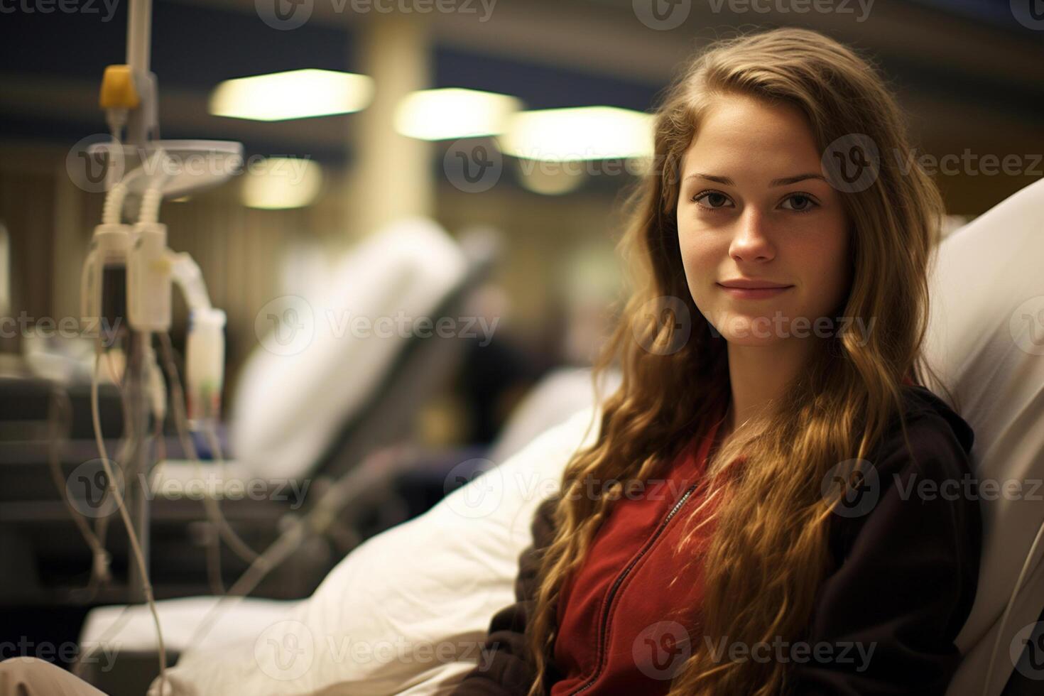 AI generated Blood donation help. Young woman blood donor at a medical procedure in a clinic photo