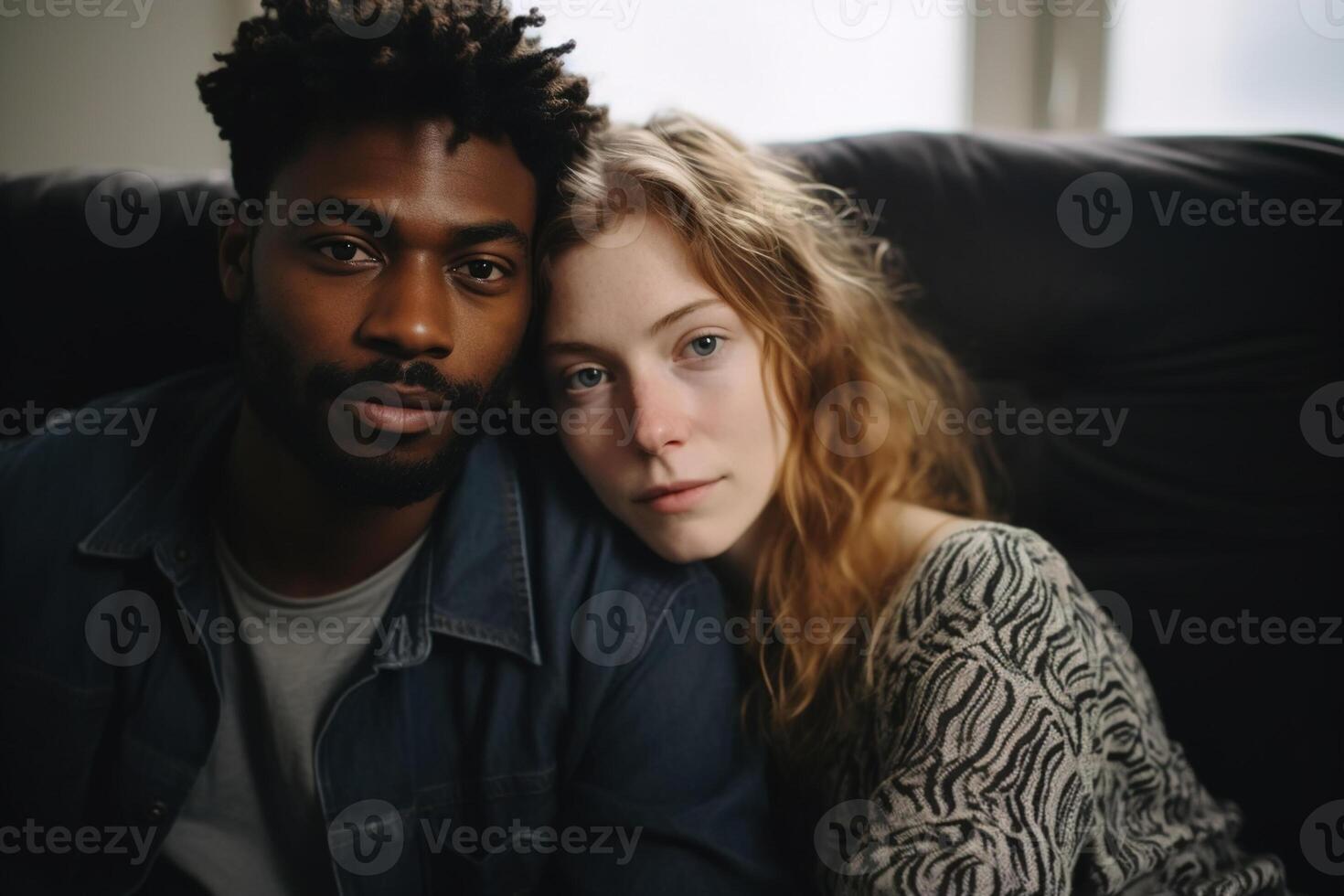 AI generated Interethnic multiracial couple, loving cute man and woman together on the sofa indoors looking at camera photo