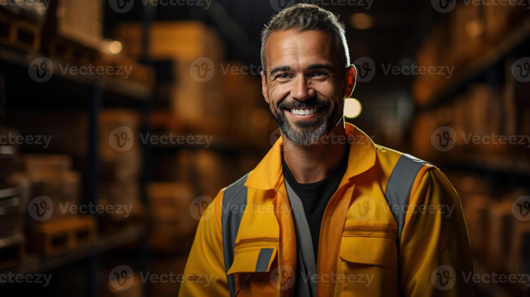 AI generated Positive adult male warehouse worker in overalls. Portrait of a loader or logistician job photo