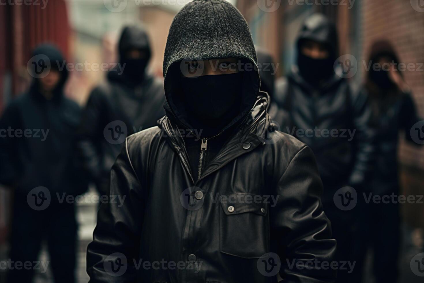 AI generated Criminal, youth crime concept. Unrecognizable guy in a balaclava and leather jacket standing against background of group of bandits photo