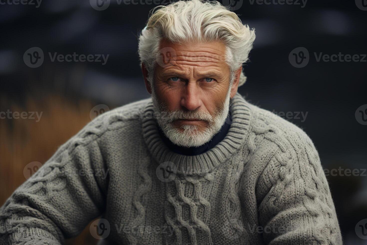 ai generado de los hombres estacional moda, retrato de un hermoso grave de edad mediana hombre en un calentar de punto acogedor suéter en naturaleza. canoso confidente mayor hombre al aire libre foto