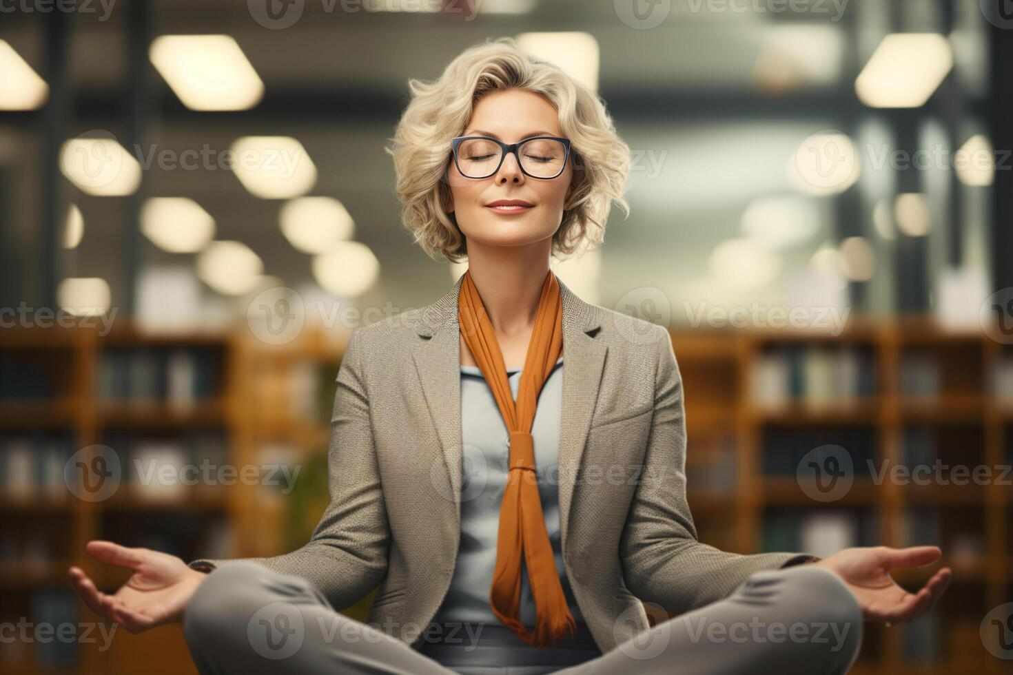 AI generated Stress resistance, relaxation, zen and mental health concept. Calm middle-aged business woman meditating in office at work photo