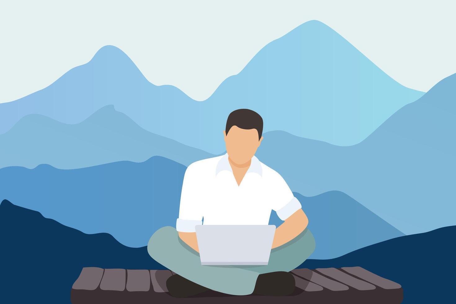 Young man with a laptop working in the mountains. Freelance concept vector